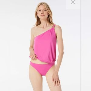 MICHAEL Michael Kors One Shoulder Blouson Tankini Top Logo Pink Cerise - Solid